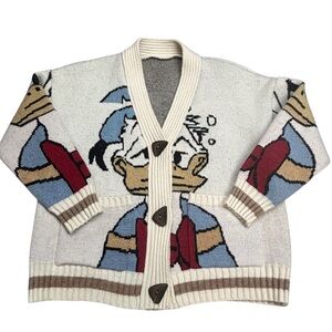 Disney Donald Duck Jacquard Knit 2 Pocket Loose Fit 3/4 Sleeve Button Cardigan L